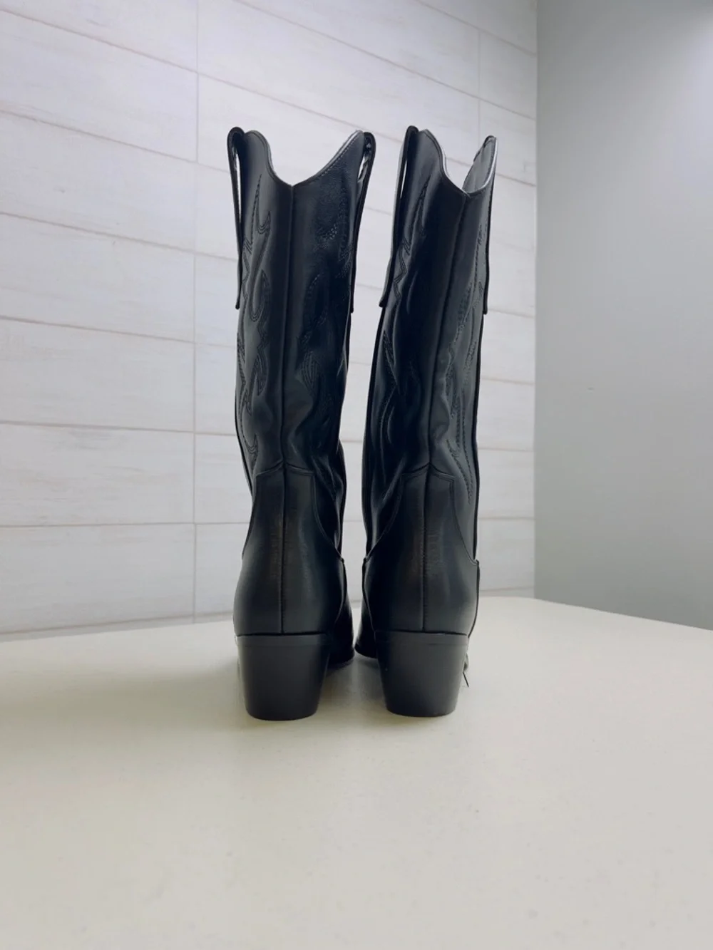 Women’s Black Embroidered Western Middle Boots Faux Leather Pointed Toe 7 - Picture 5 of 7